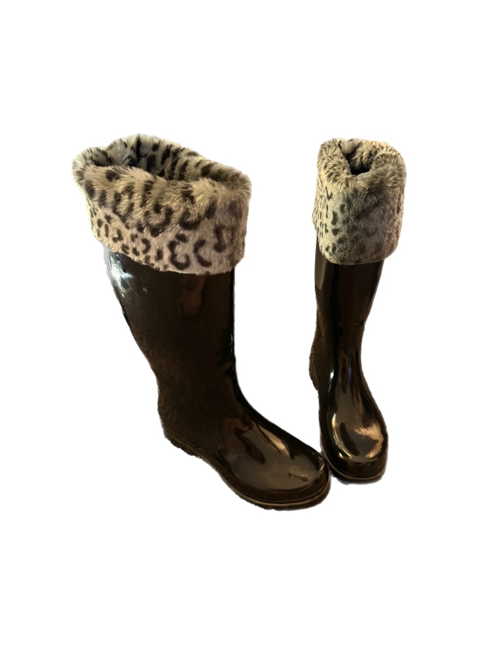 Capelli New York Black Rain Boots With Leopard Print Faux Fur Trim